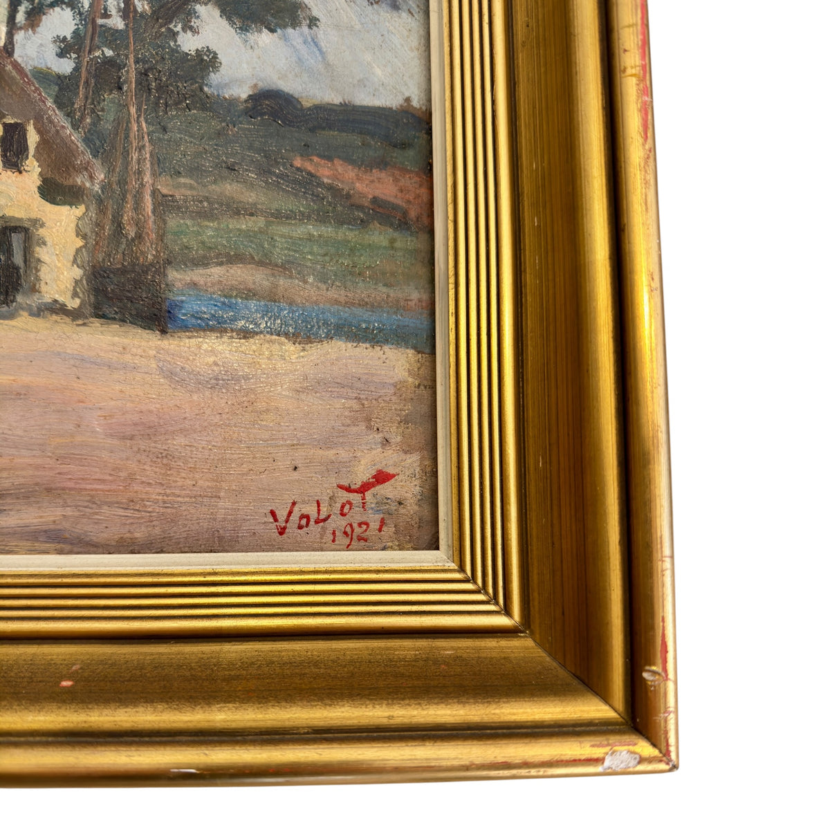 Antique French Cottage Oil Painting, Signed Valot, Dated 1921