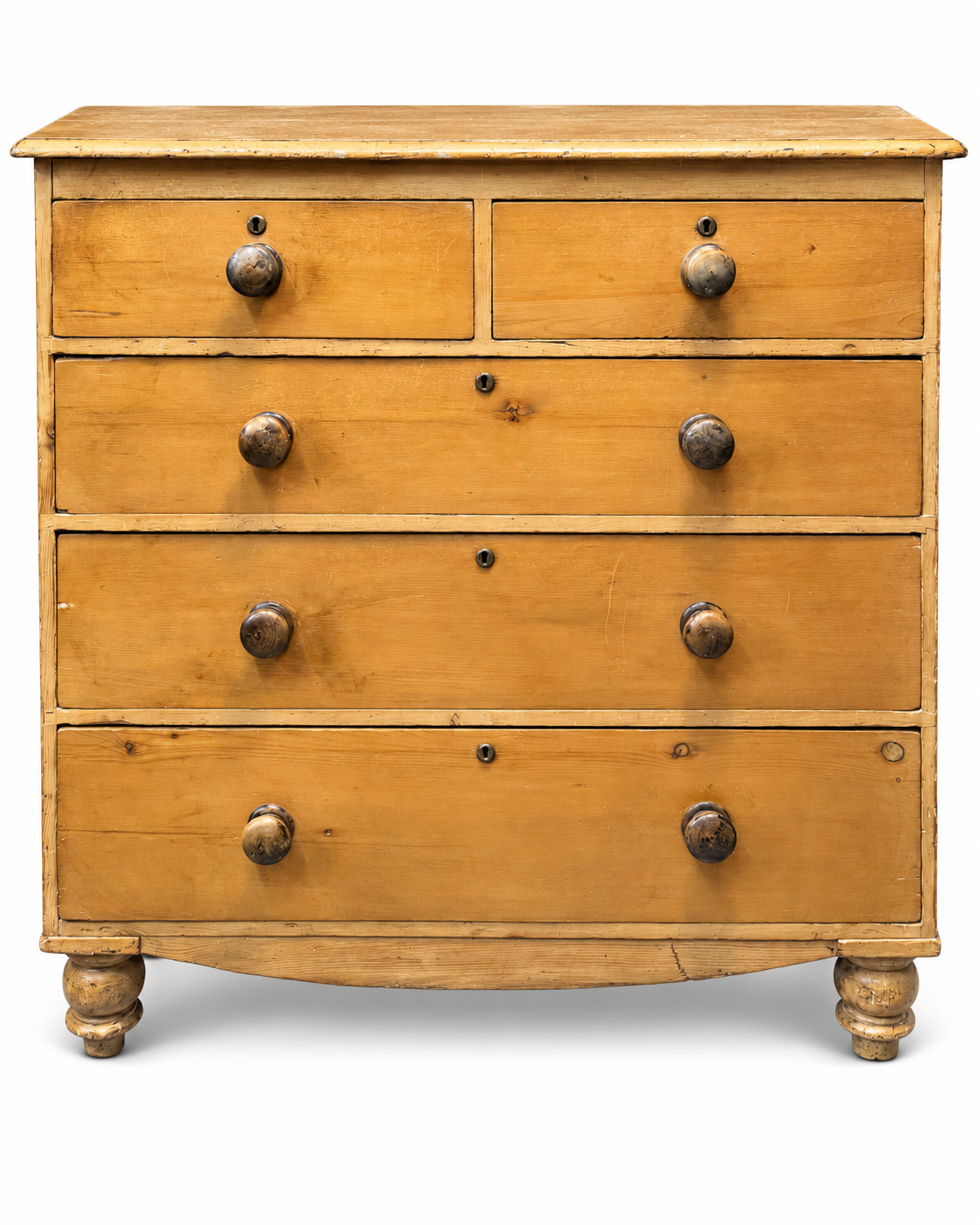 19th century Victorian pine chest of drawers with two short over three long drawers, turned wooden knobs and turned feet.