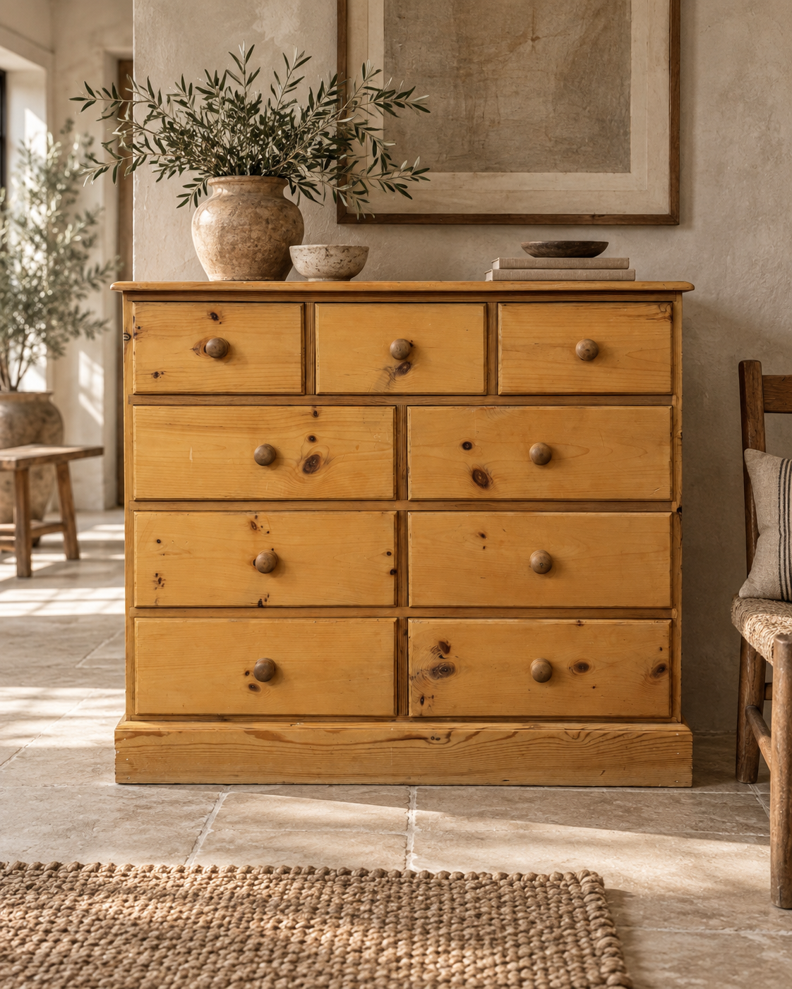 Vintage pine nine drawer chest of drawers styled in a warm neutral interior with limestone flooring and natural accessories.