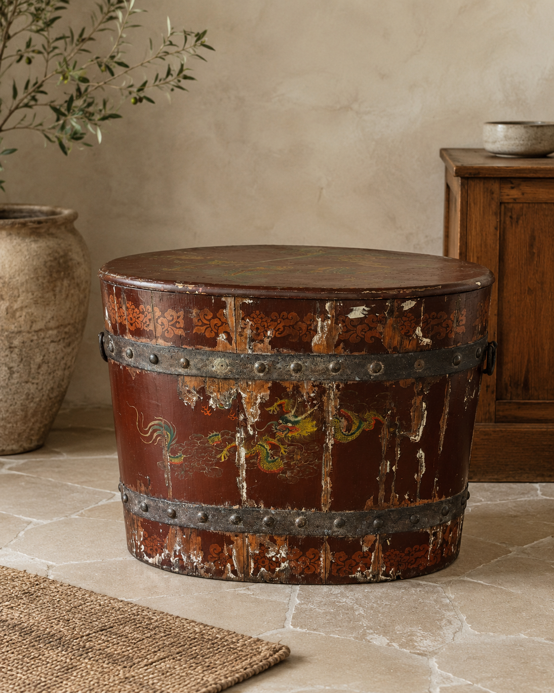 Antique Chinese Painted Dragon Storage Chest with Lid, c.1900