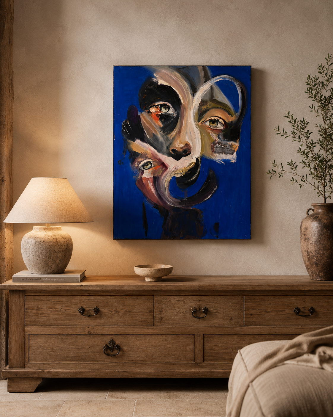 Original abstract portrait painting by Clive displayed above an antique oak chest in a warm neutral contemporary interior