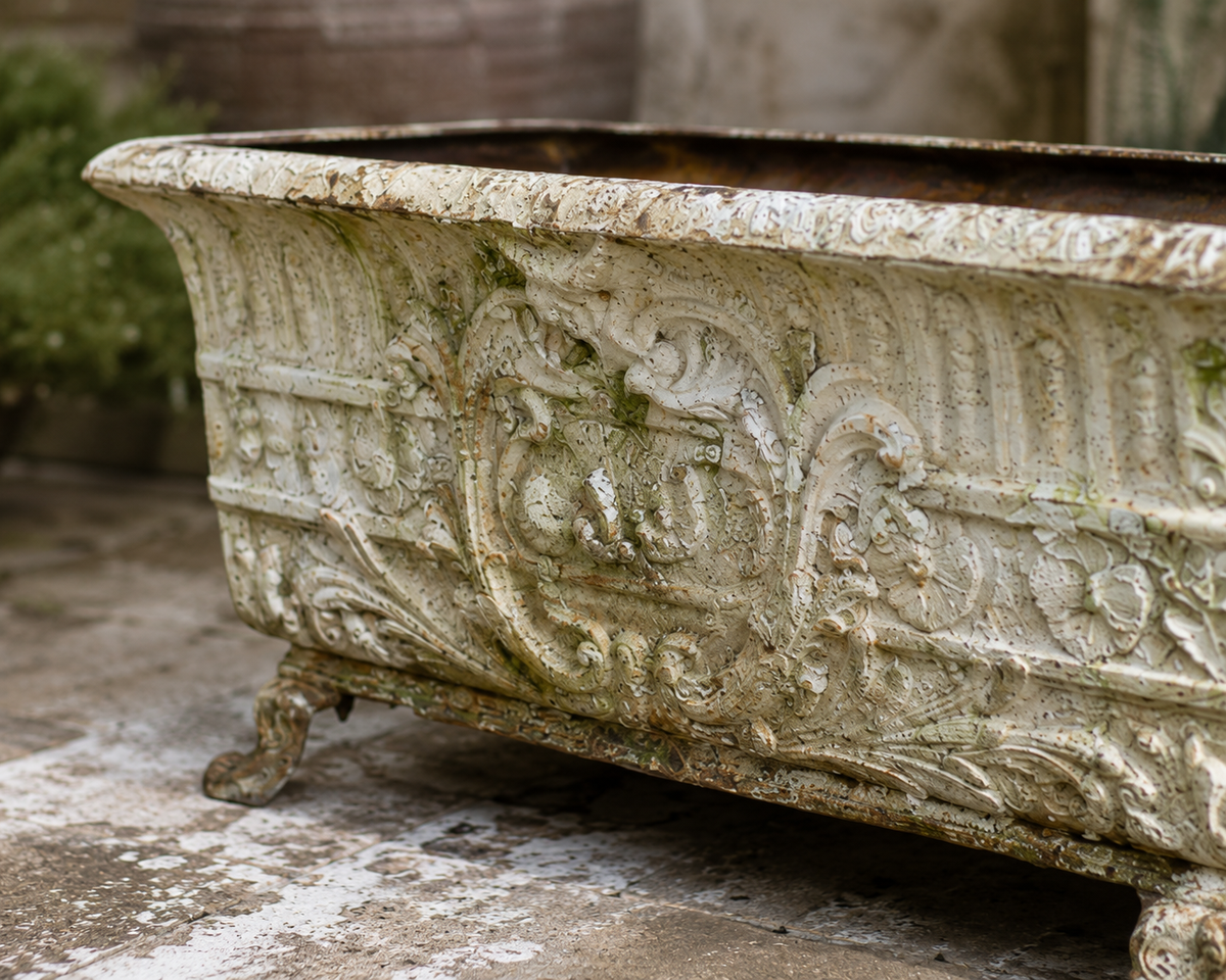 Close-up of ornate cast iron garden planter showing scrolling decoration and weathered patina